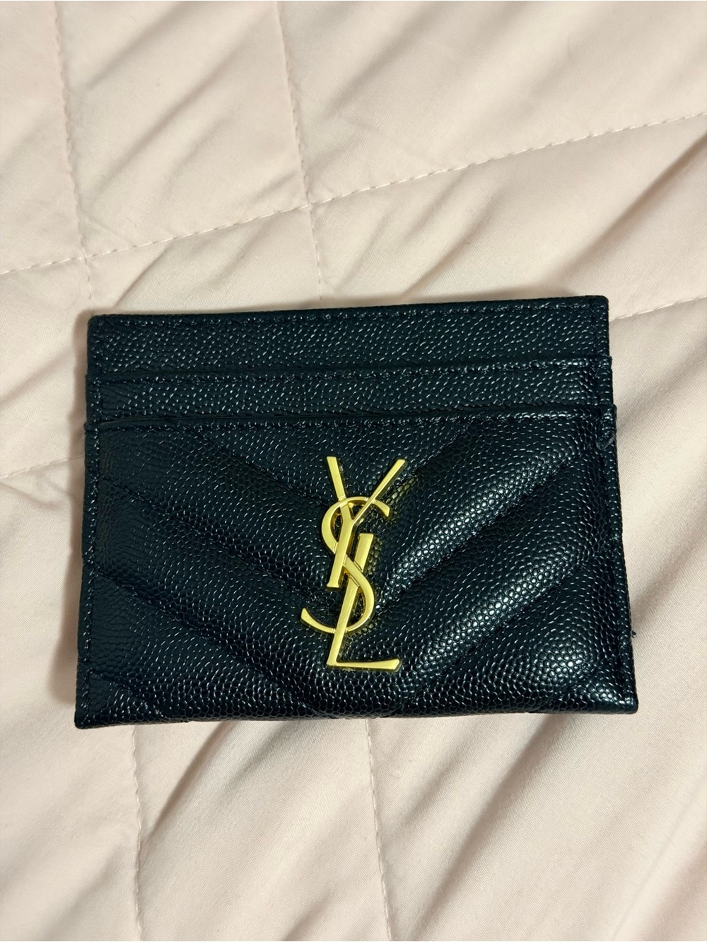 Saint Laurent Navy Blue Leather Card Holder with Gold YSL Emblem